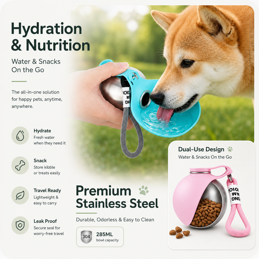 Portable Dog Water Bottle 2-In-1 Dog Water Dispenser Stainless Steel Pet Water